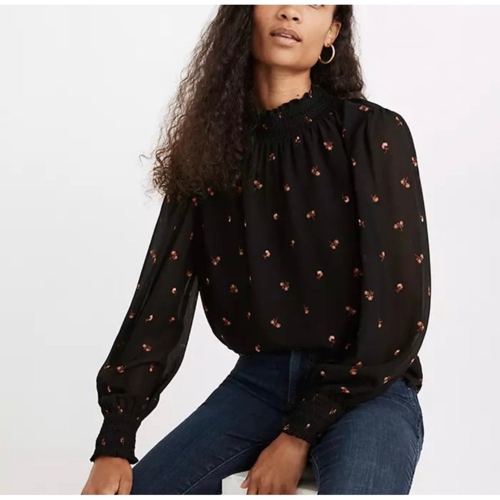 Madewell Texture & Thread Black Floral Smocked Mockneck Top Small Blouse